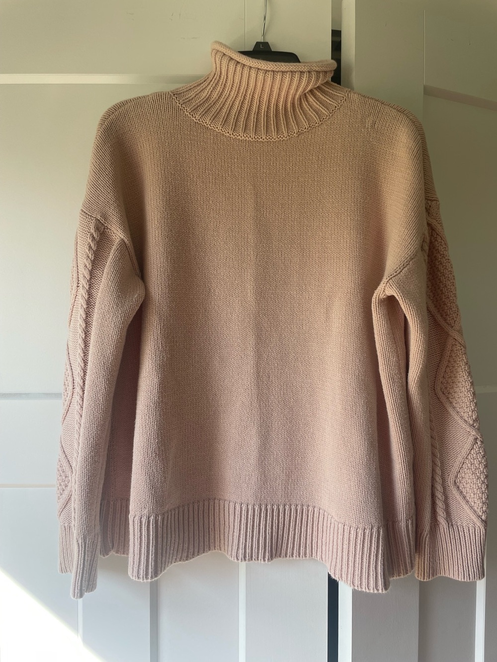 Haven Well Within Blush Pink Chunky Rolled Mock Neck Cable-Sleeve Sweater